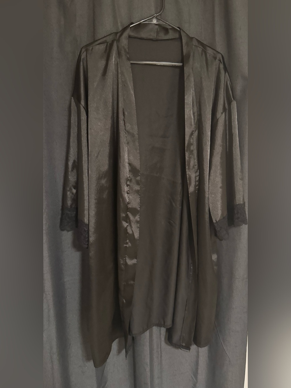 Silky Black Lace-Trim Kimono Robe for Women